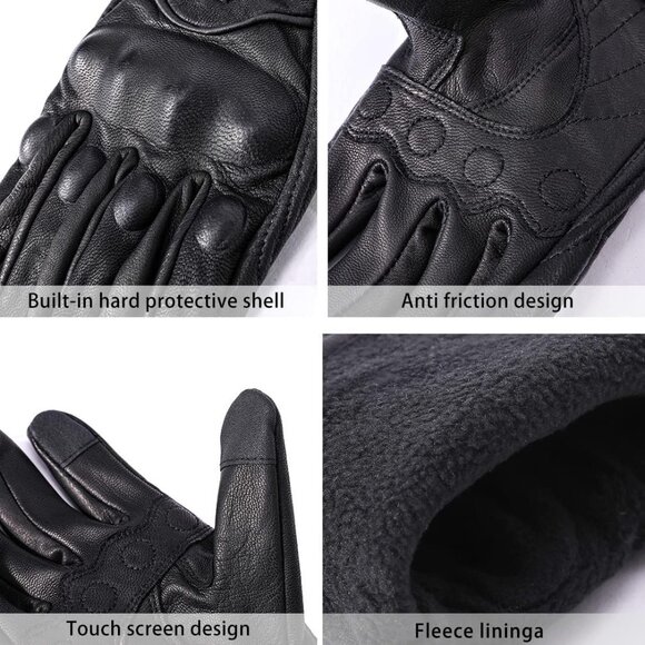 Harssidanzar Men's Black Winter Goat Skin Touch Screen Motorcycle Leather Gloves - Picture 2 of 7